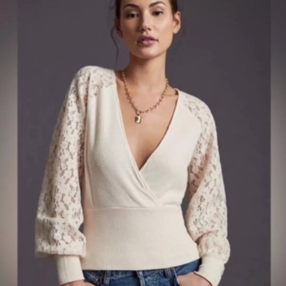 Anthropologie Lace Sleeve Ribbed Knit Surplice Cocktail Top Cream Wrap Sweater - Picture 1 of 10